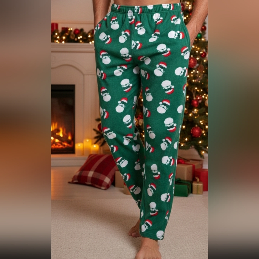 St John's Bay Men's Large Green Fleece Pajama Pants Christmas Santa Pockets SOFT